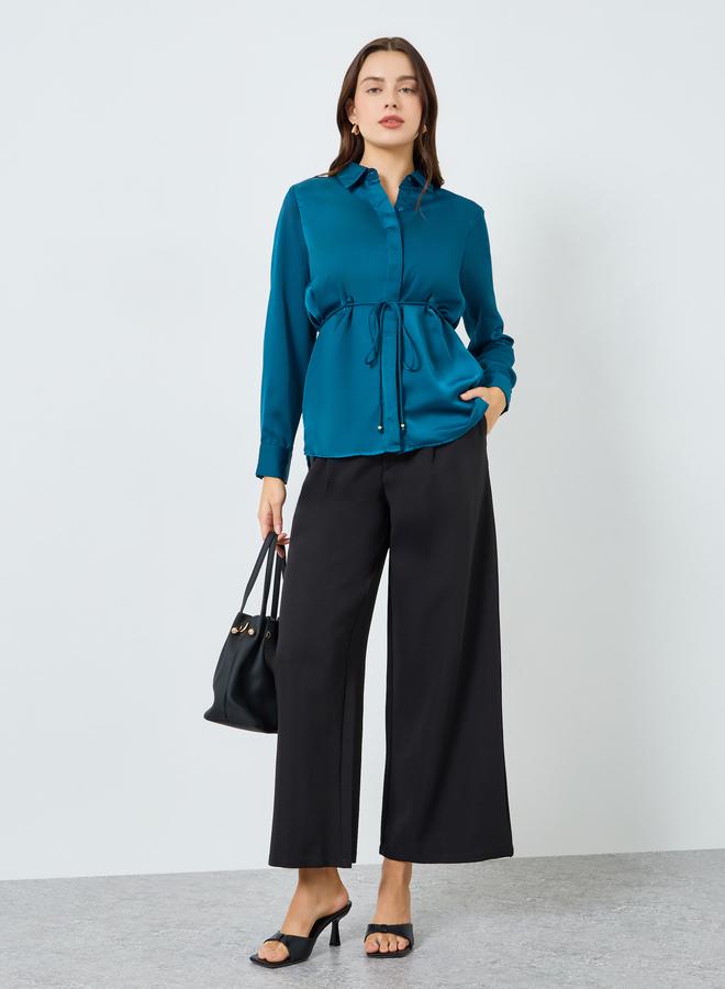 ستايلي بنطال رسمي بأرجل واسعة وتفاصيل كسرات أمامية - Image 1